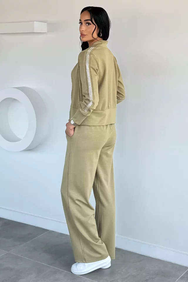Gülseli Kadın Taş İşlemeli Fermuarlı Sweat Bel Lastikli Pantolon İkili Takım