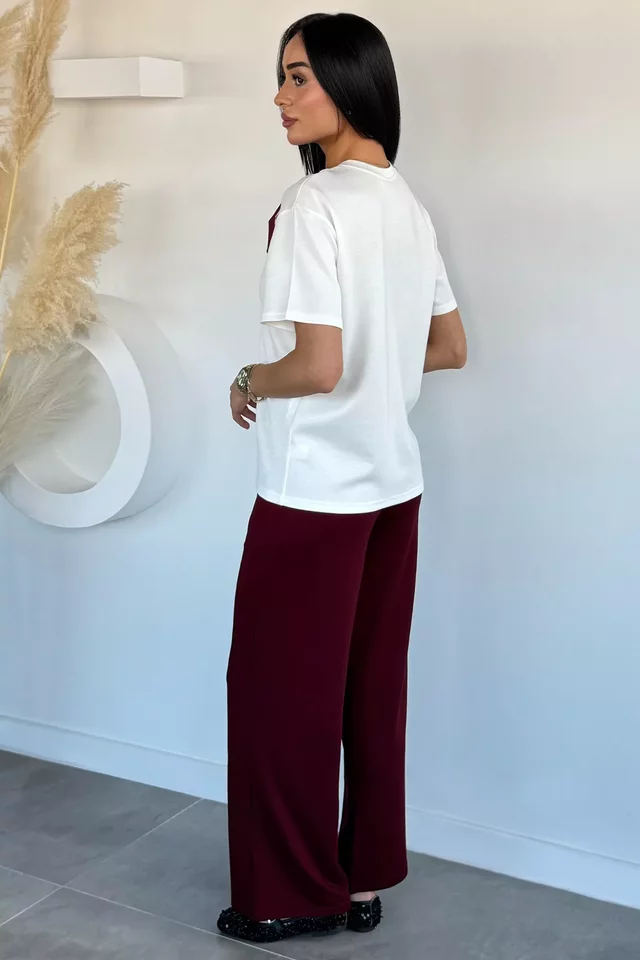 Gülseli Kadın Yaka Fularlı Tişört Pantolon İkili Takım