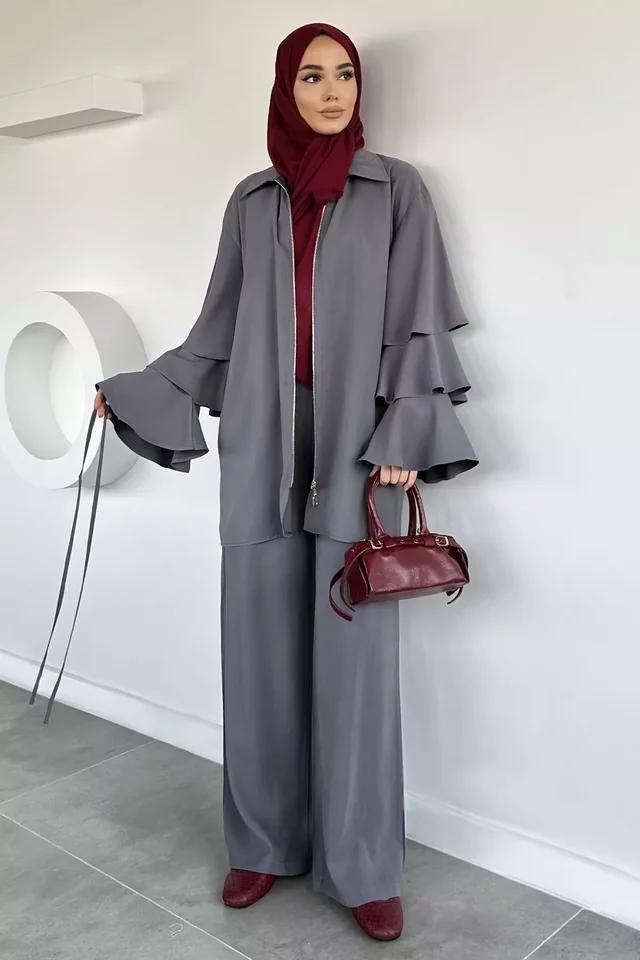 Gülseli Kol Fırfırlı Tunik Bel Lastikli Pantolon Tesettür İkili Takım - 1