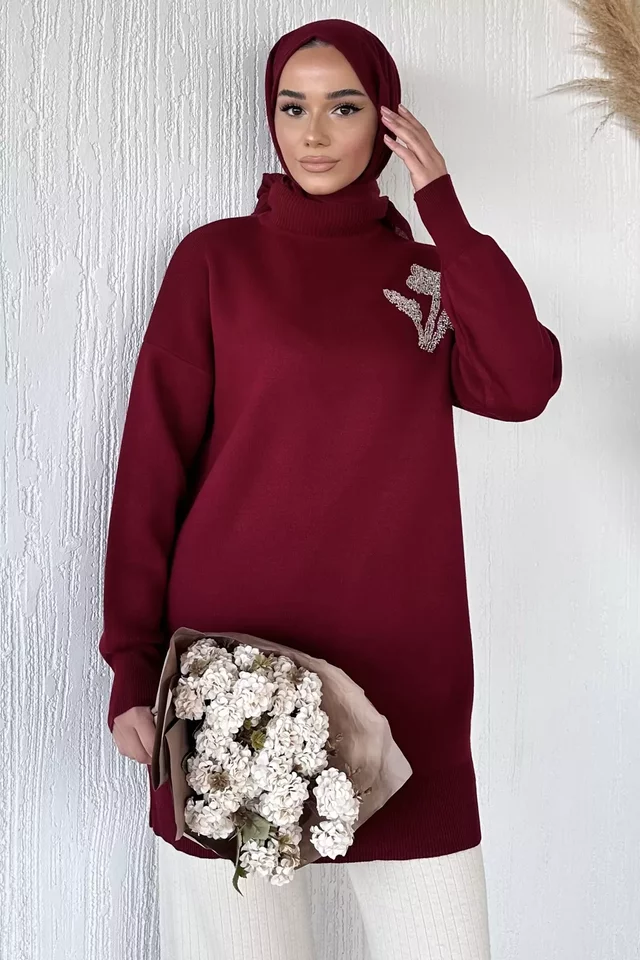 Gülseli Taş İşlemeli Tesettür Triko Tunik - 1