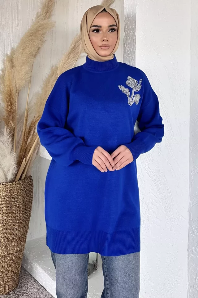 Gülseli Taş İşlemeli Tesettür Triko Tunik - 2