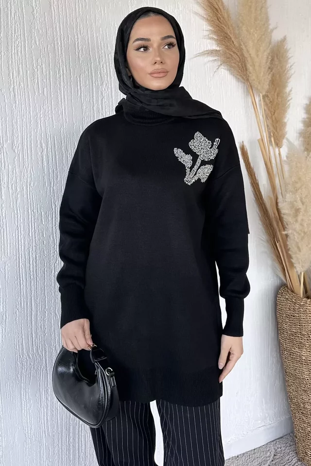 Gülseli Taş İşlemeli Tesettür Triko Tunik - 2