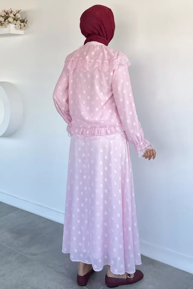 Güpür Detaylı Gömlek Bel Lastikli Etek Tesettür İkili Takım