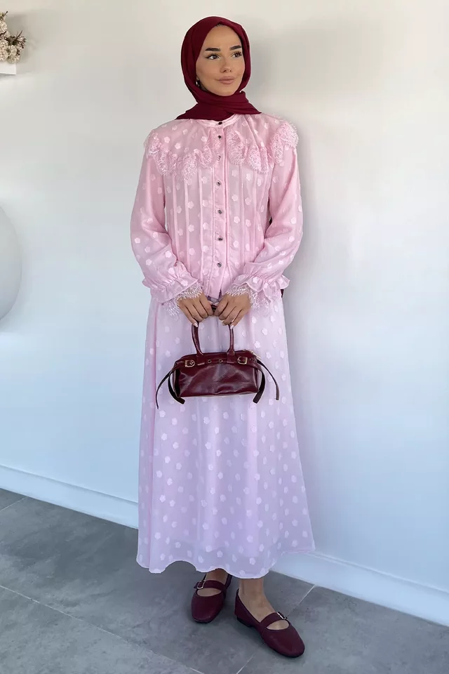Güpür Detaylı Gömlek Bel Lastikli Etek Tesettür İkili Takım