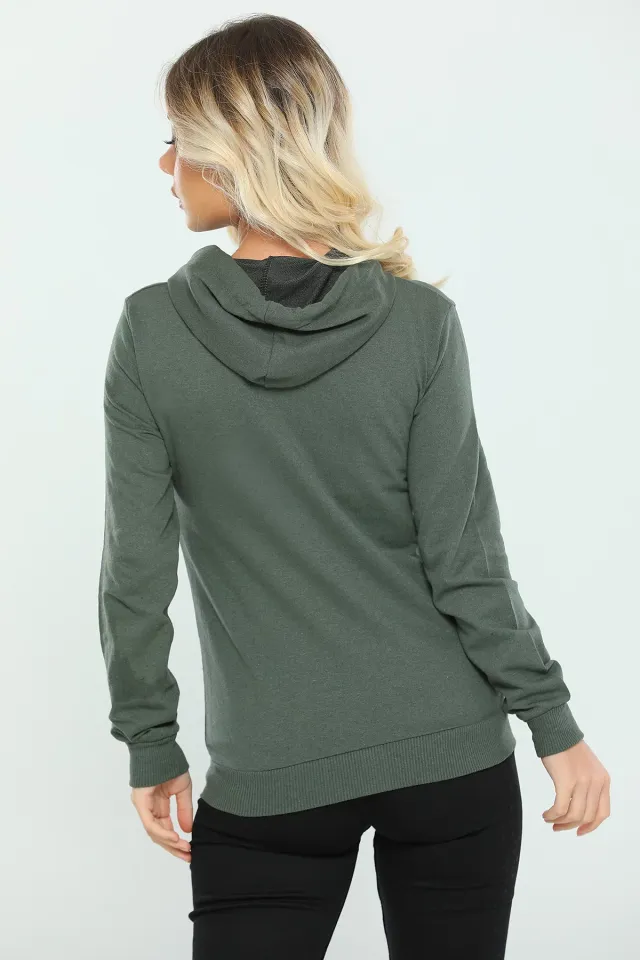Kadın Kapüşonlu Fermuarlı Slim Fit Basic Sweatshirt HakiBeyaz