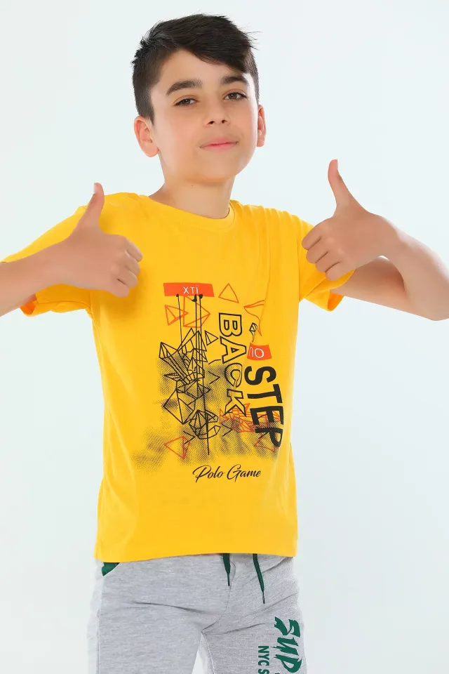 Erkek Çocuk Likralı Bisiklet Yaka Baskılı T-shirt Hardal