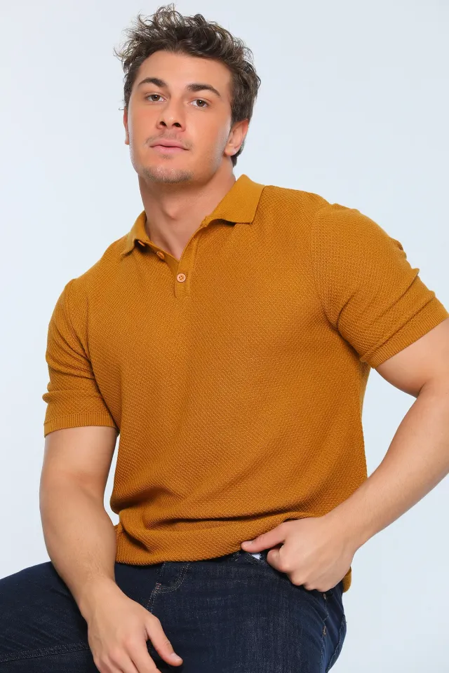 Erkek Likralı Polo Yaka Mevsimlik Triko T-shirt Hardal