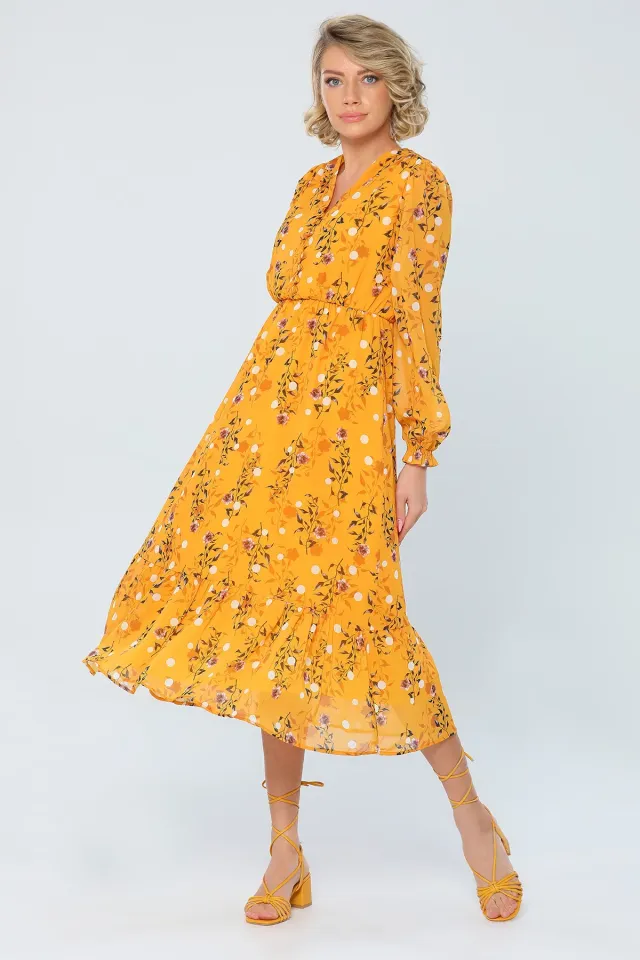Kadın V Yaka İç Astarlı Çiçek Desenli Şifon Elbise Hardal