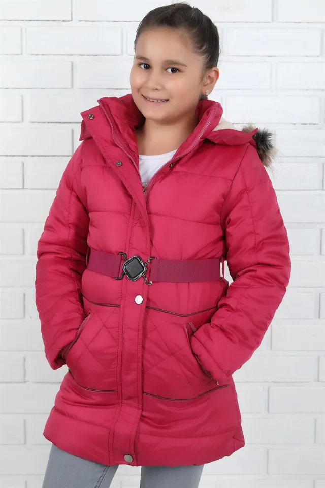 Içi Polar Kapşonlu Kız Çocuk Mont Fuşya