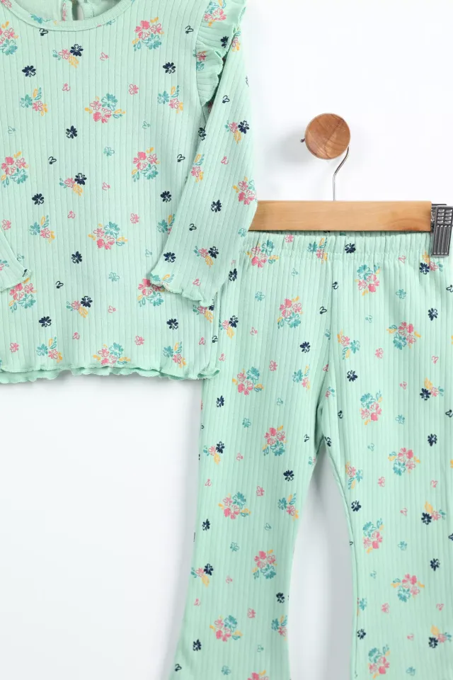 İspanyol Paça Fırfırlı Kız Çocuk Desenli Pantolon Bluz İkili Takım Mint