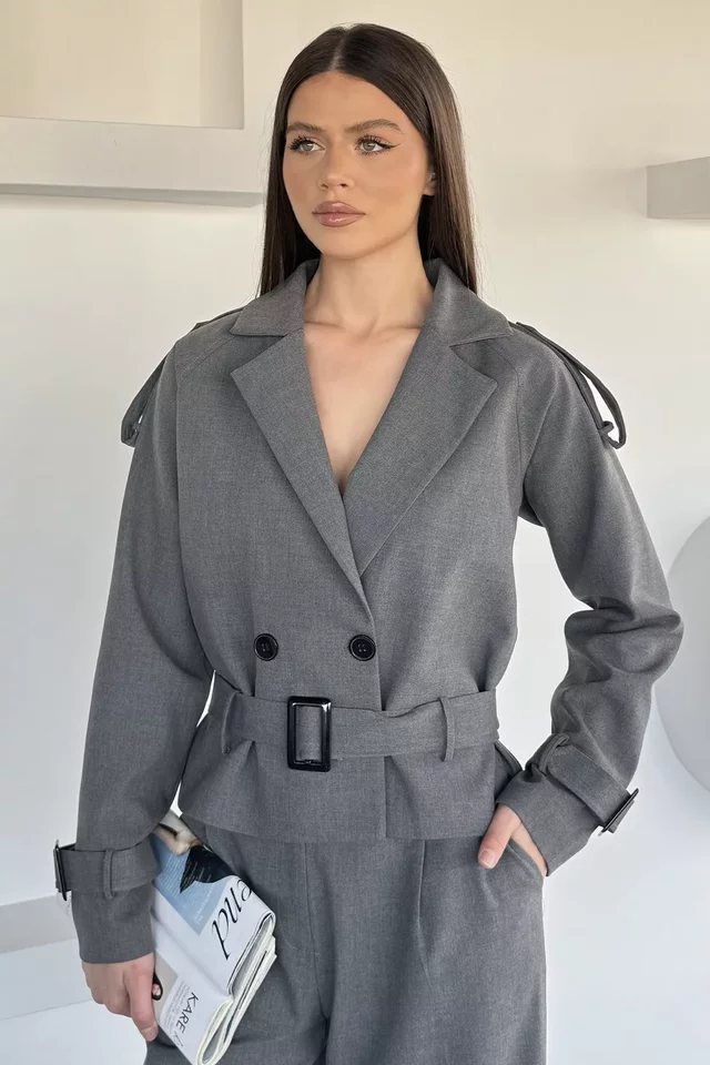 Kadın İç Astarlı Kemer Detaylı Blazer Ceket Pantolon İkili Takım