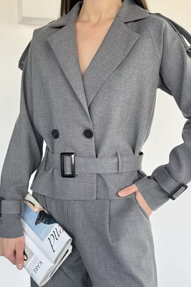 Kadın İç Astarlı Kemer Detaylı Blazer Ceket Pantolon İkili Takım