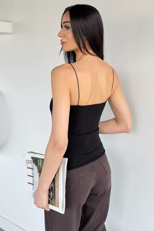 Kadın İp Askılı Likralı Crop Top Bluz