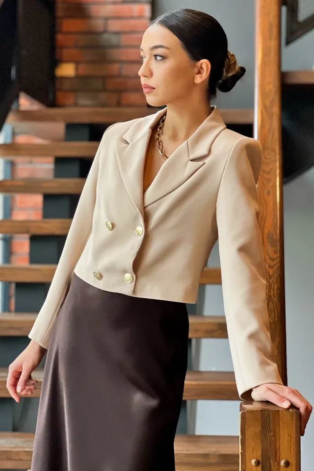Kadın 4 Düğmeli Astarlı Crop Top Blazer Ceket Bej