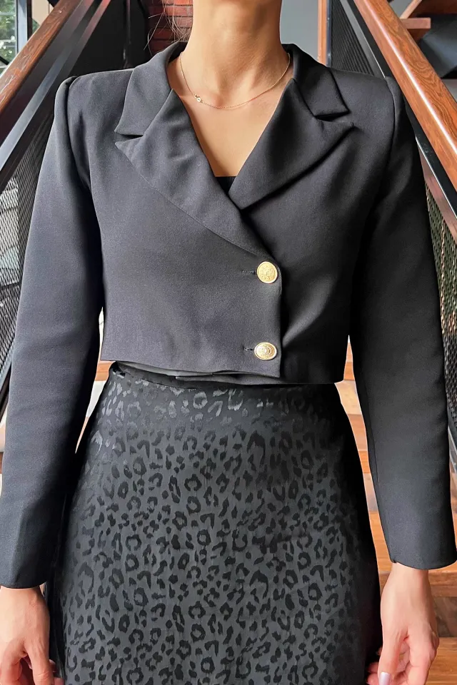 Kadın 4 Düğmeli Astarlı Crop Top Blazer Ceket Siyah