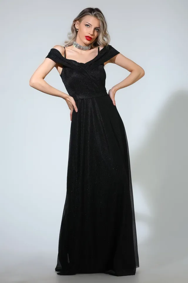 Kadın Askılı Düşük Omuz Detaylı Işıltılı Uzun Tül Abiye Elbise Siyah
