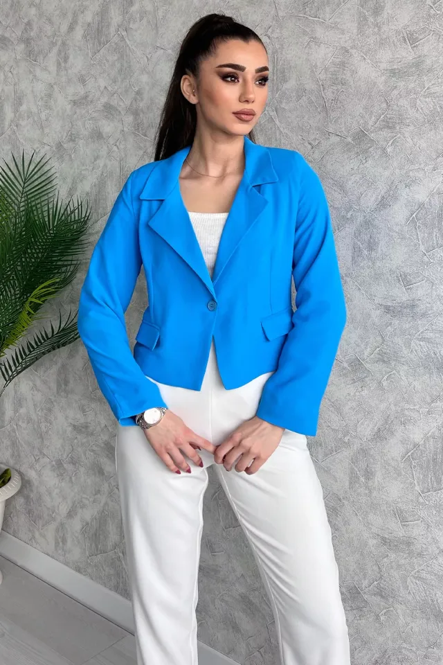 Kadın Astarlı Crop Blazer Ceket Mavi