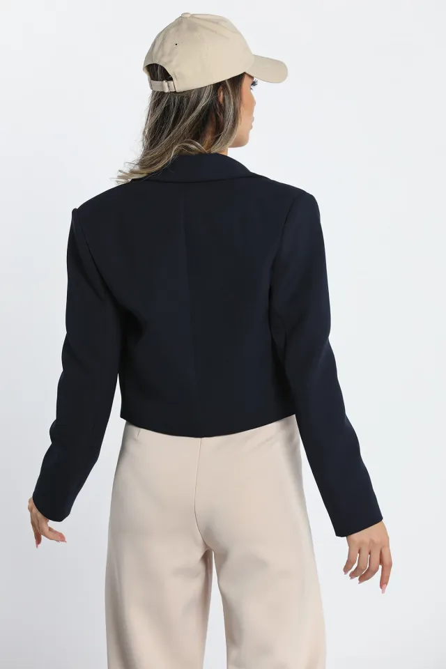 Kadın Astarlı Crop Top Blazer Ceket Lacivert