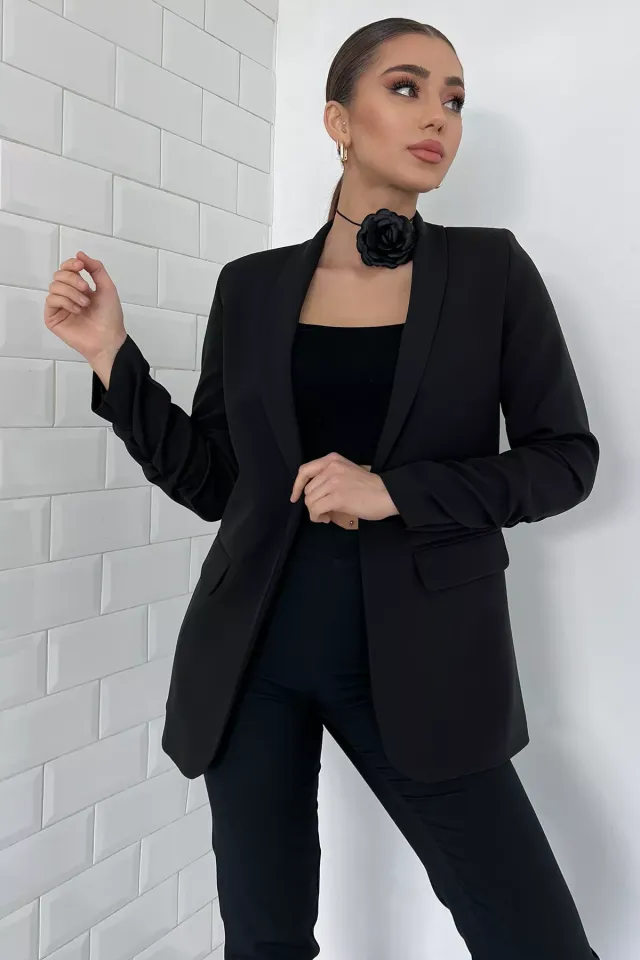 Kadın Astarlı Kol Büzgü Detaylı Blazer Ceket Siyah