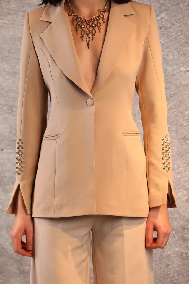 Kadın Astarlı Kolu Taş Detaylı Blazer Ceket Taş
