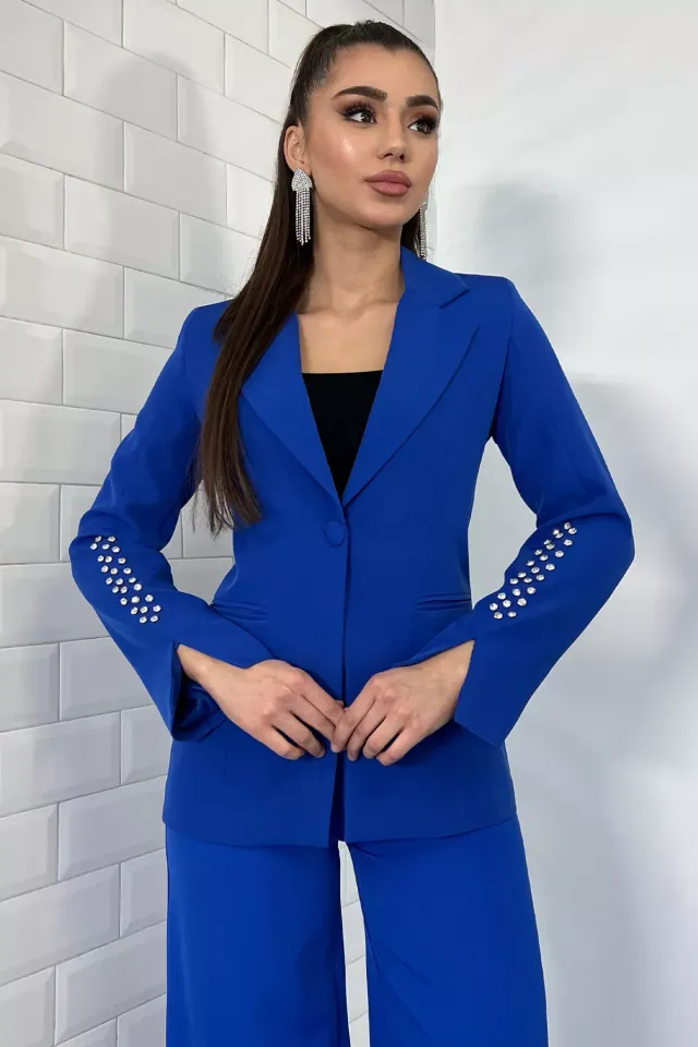 Kadın Astarlı Kolu Taş Detaylı Blazer Ceket Saksmavisi