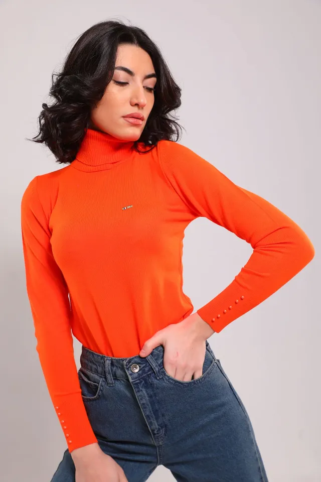 Kadın Balıkçı Yaka Bilek Boncuk Detaylı Triko Bluz Orange
