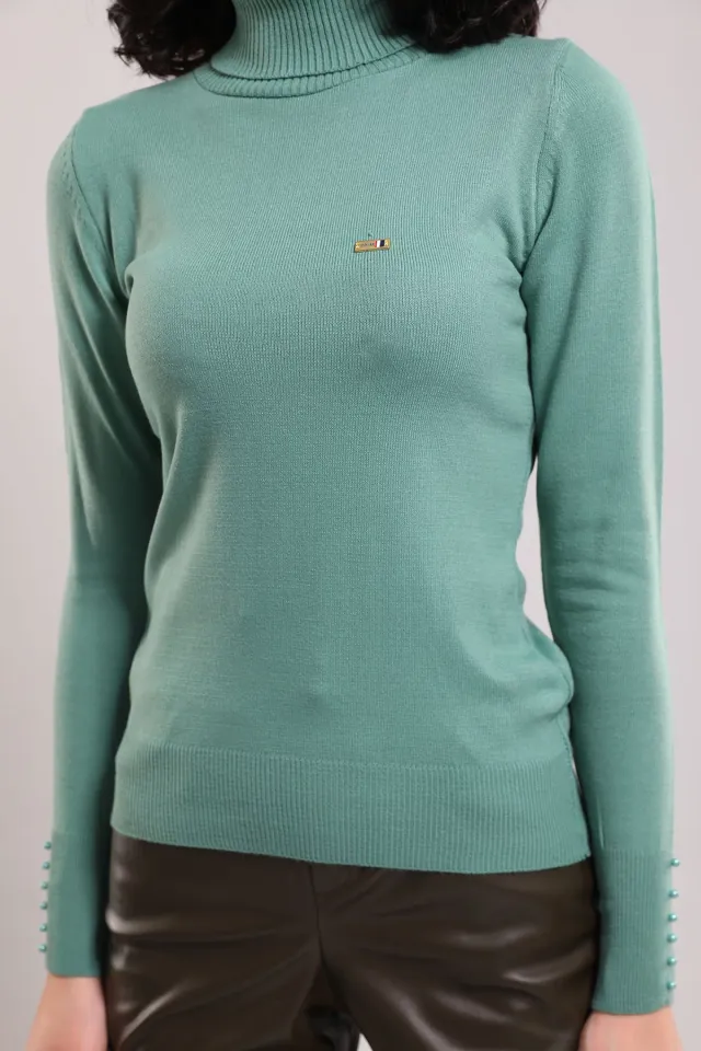 Kadın Balıkçı Yaka Bilek Boncuk Detaylı Triko Bluz Mint