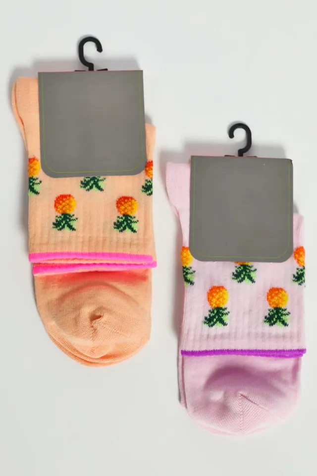 Kadın Baskılı İkili Soket Çorap Somonpembe