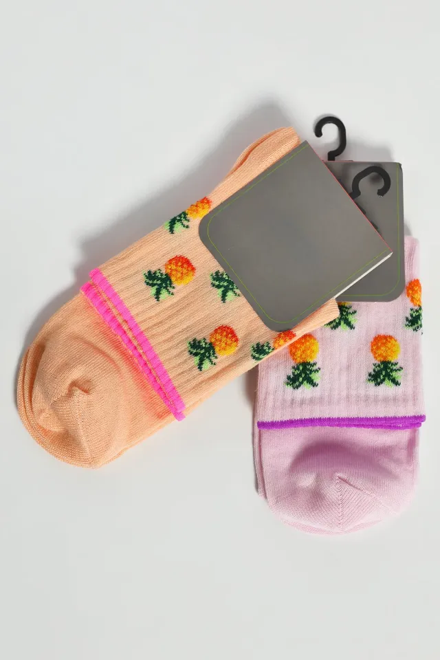 Kadın Baskılı İkili Soket Çorap Somonpembe