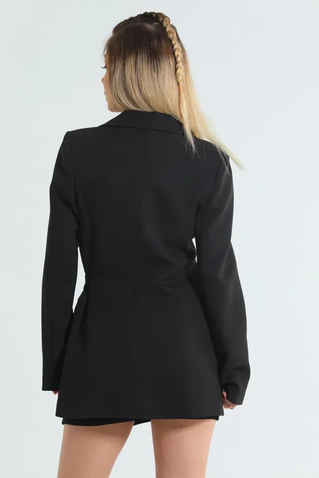 Kadın Bel Bağlamalı Sahte Cep Detayl Astarlıı Uzun Blazer Ceket Siyah