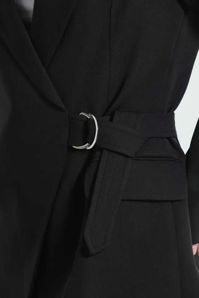 Kadın Bel Bağlamalı Sahte Cep Detayl Astarlıı Uzun Blazer Ceket Siyah