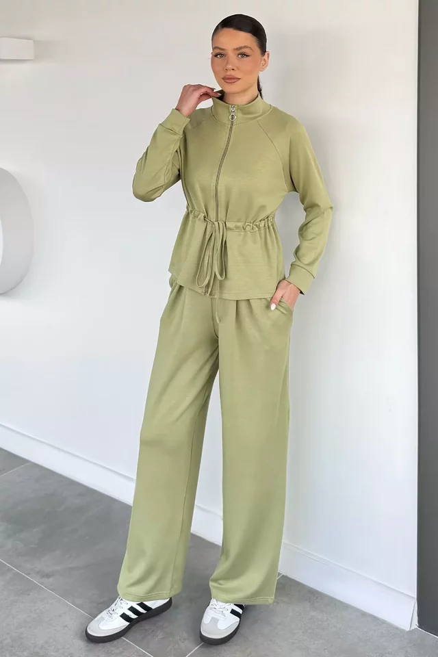 Kadın Bel Büzgülü Kemerli Sweat Pantolon İkili Takım - 1