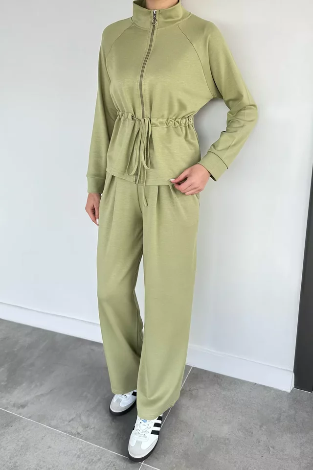 Kadın Bel Büzgülü Kemerli Sweat Pantolon İkili Takım - 2