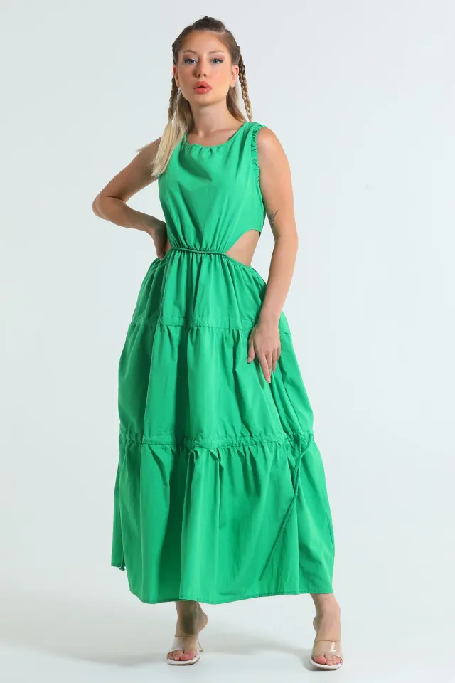 Kadın Bel Dekolteli Eteği Bağcık Detaylı Sıfır Kol Yazlık Elbise Yeşil