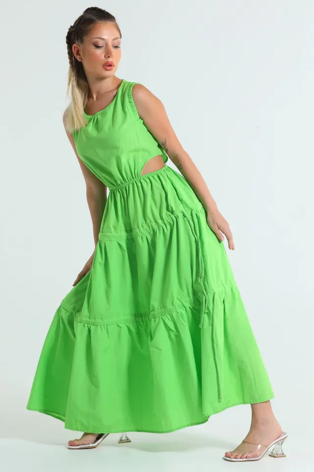 Kadın Bel Dekolteli Eteği Bağcık Detaylı Sıfır Kol Yazlık Elbise Fıstık Yeşili