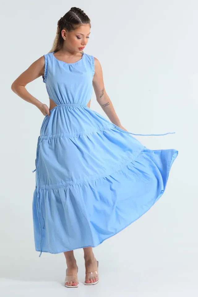 Kadın Bel Dekolteli Eteği Bağcık Detaylı Sıfır Kol Yazlık Elbise Mavi
