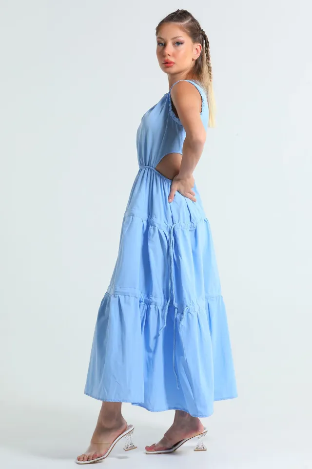 Kadın Bel Dekolteli Eteği Bağcık Detaylı Sıfır Kol Yazlık Elbise Mavi