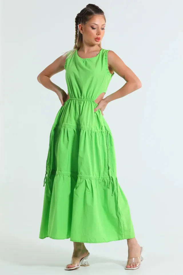 Kadın Bel Dekolteli Eteği Bağcık Detaylı Sıfır Kol Yazlık Elbise Fıstık Yeşili