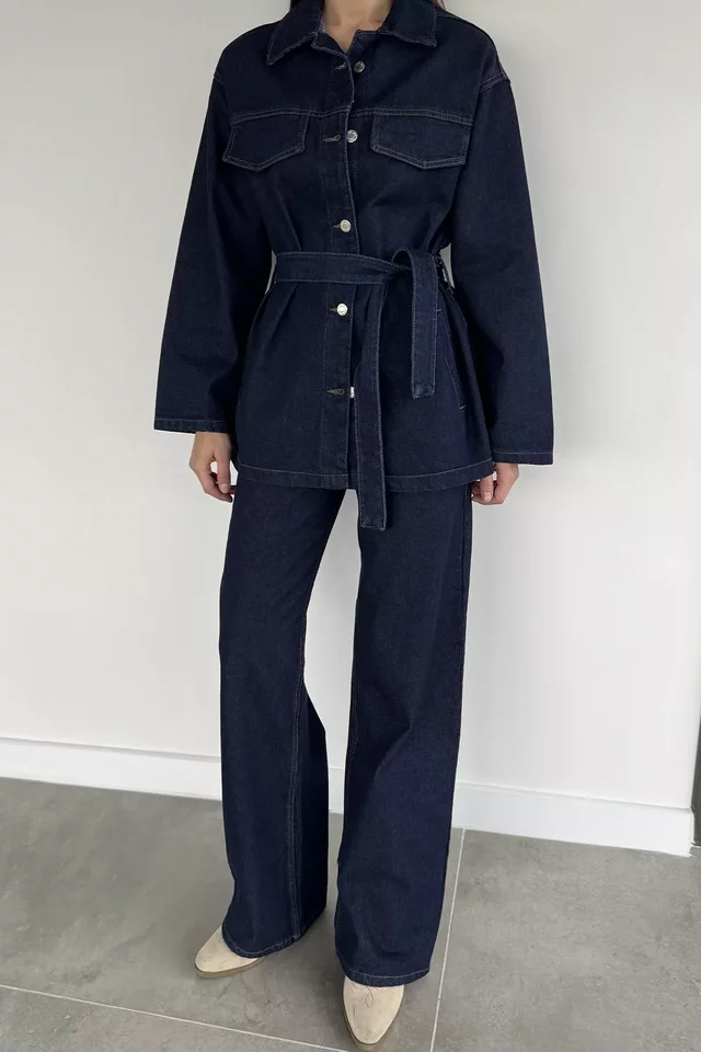 Kadın Bel Kuşaklı Jean Kot Ceket Pantolon İkili Takım - 2