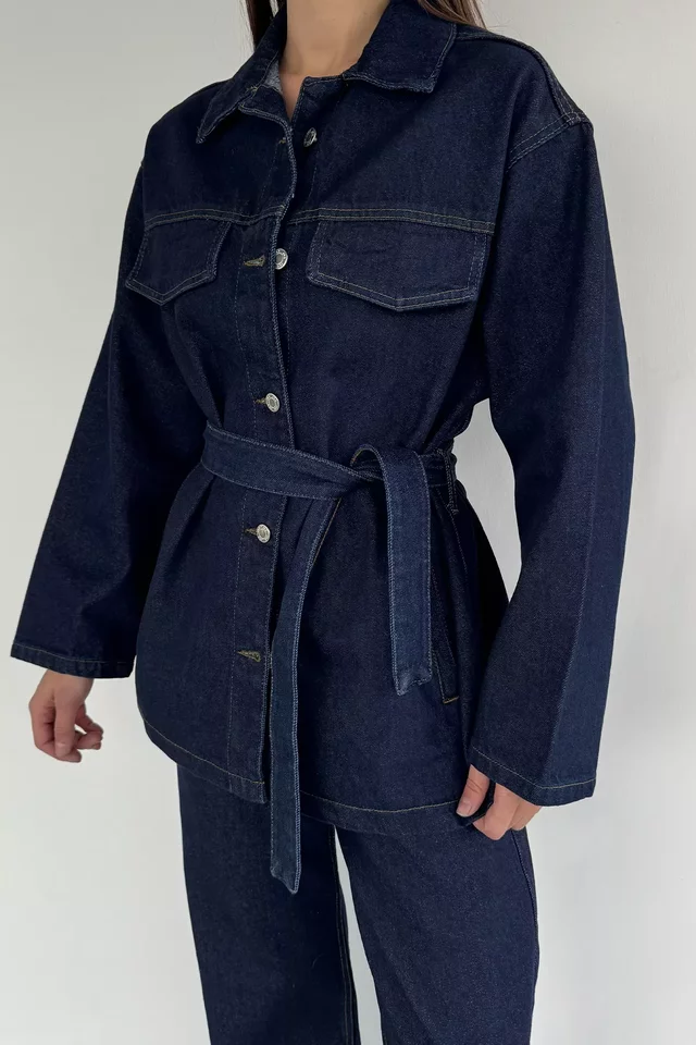 Kadın Bel Kuşaklı Jean Kot Ceket Pantolon İkili Takım