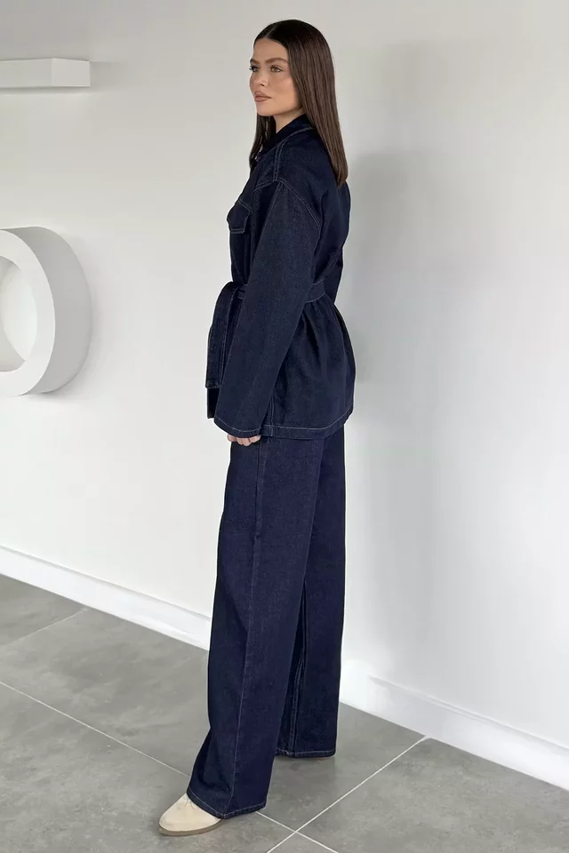 Kadın Bel Kuşaklı Jean Kot Ceket Pantolon İkili Takım