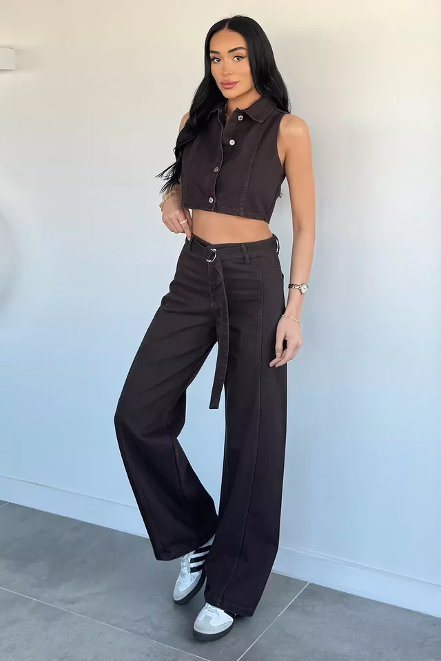 Kadın Bel Kuşaklı Jean Kot Pantolon Yelek İkili Takım - 1