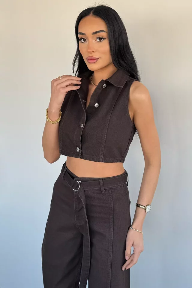Kadın Bel Kuşaklı Jean Kot Pantolon Yelek İkili Takım - 2