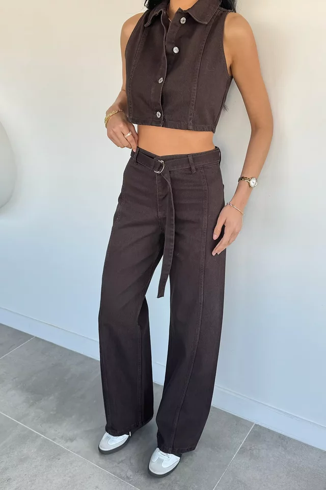 Kadın Bel Kuşaklı Jean Kot Pantolon Yelek İkili Takım