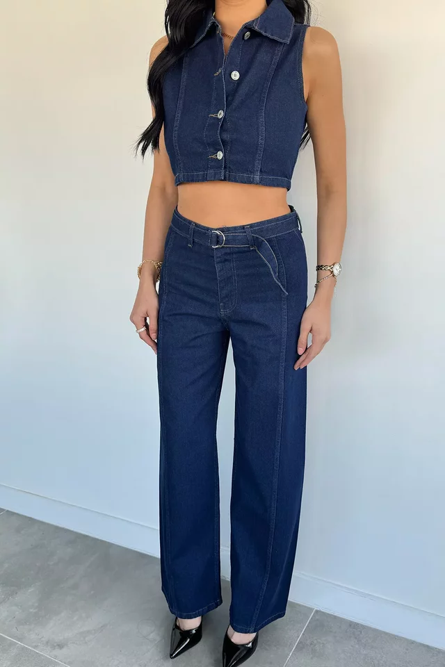 Kadın Bel Kuşaklı Jean Kot Pantolon Yelek İkili Takım - 2