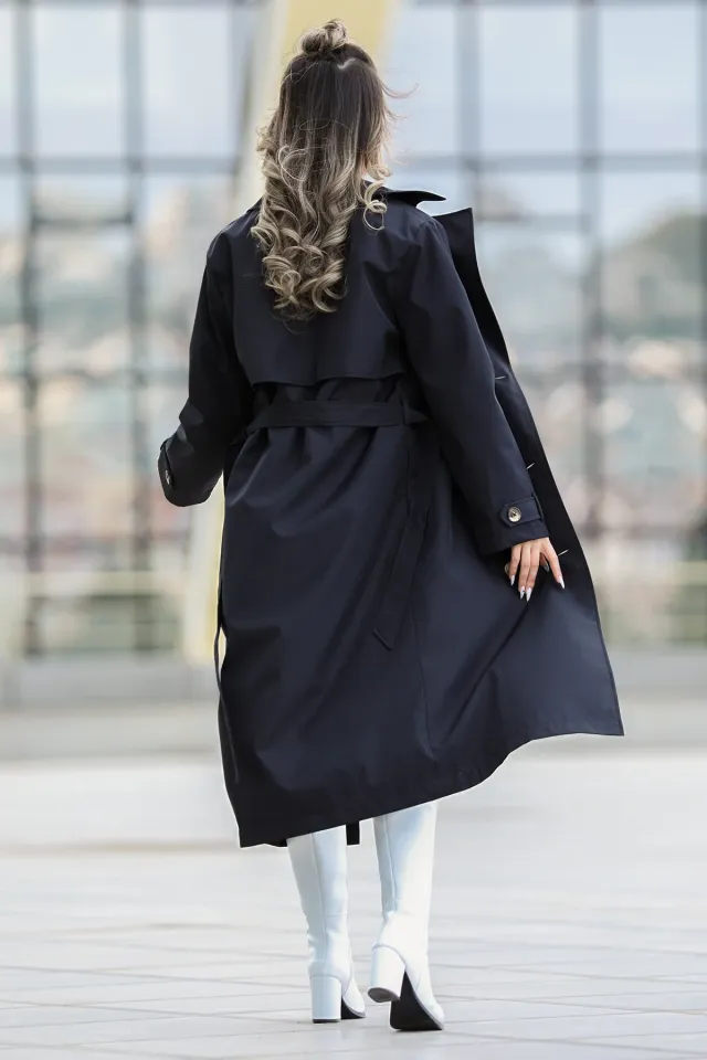 Kadın Bel Kuşaklı Uzun Salaş Trençkot Siyah