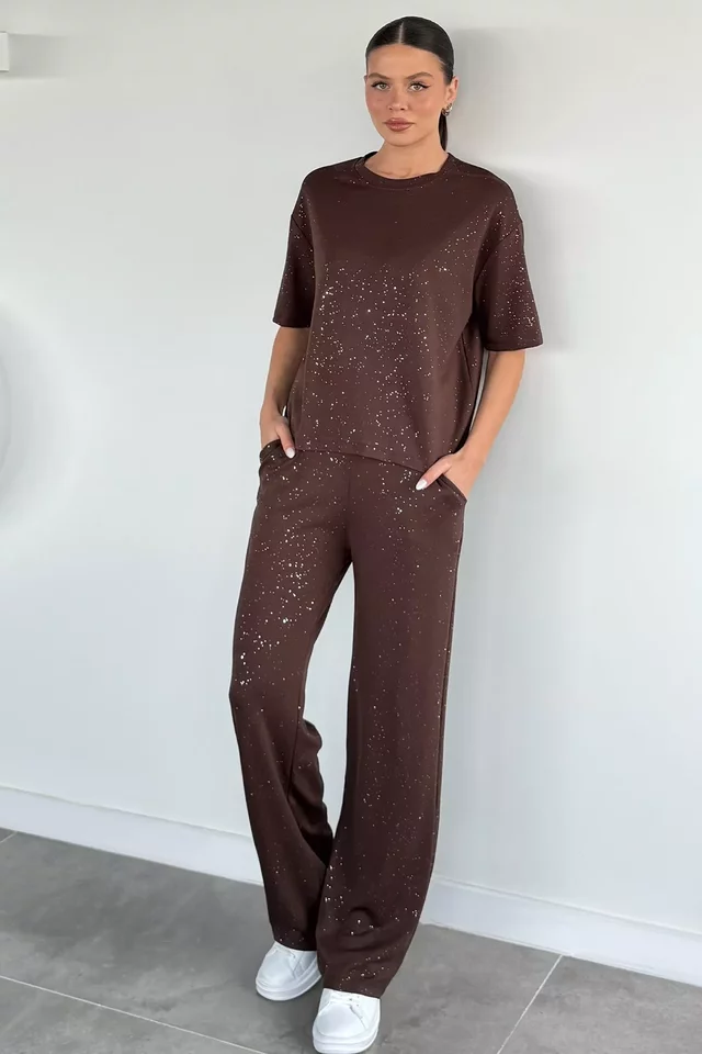 Kadın Bel Lastikli Işıltılı Pantolon Bluz İkili Takım - 1
