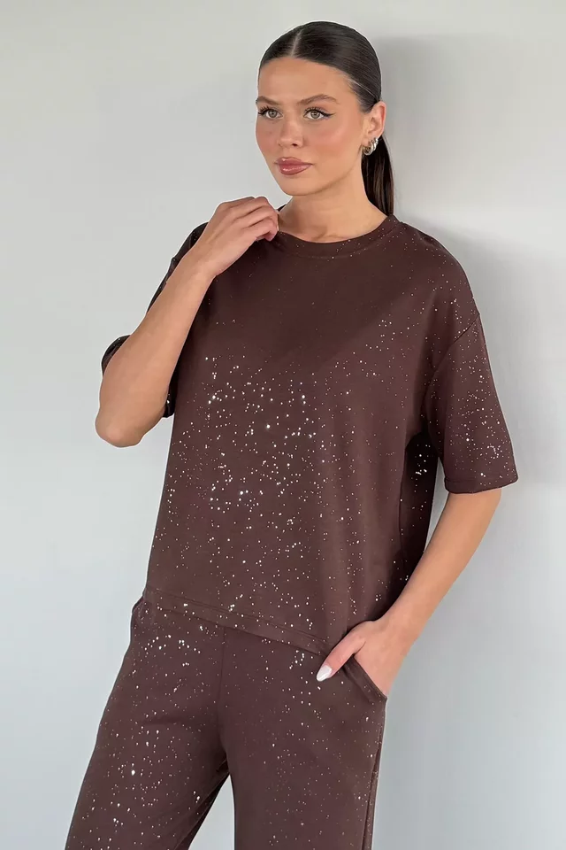 Kadın Bel Lastikli Işıltılı Pantolon Bluz İkili Takım