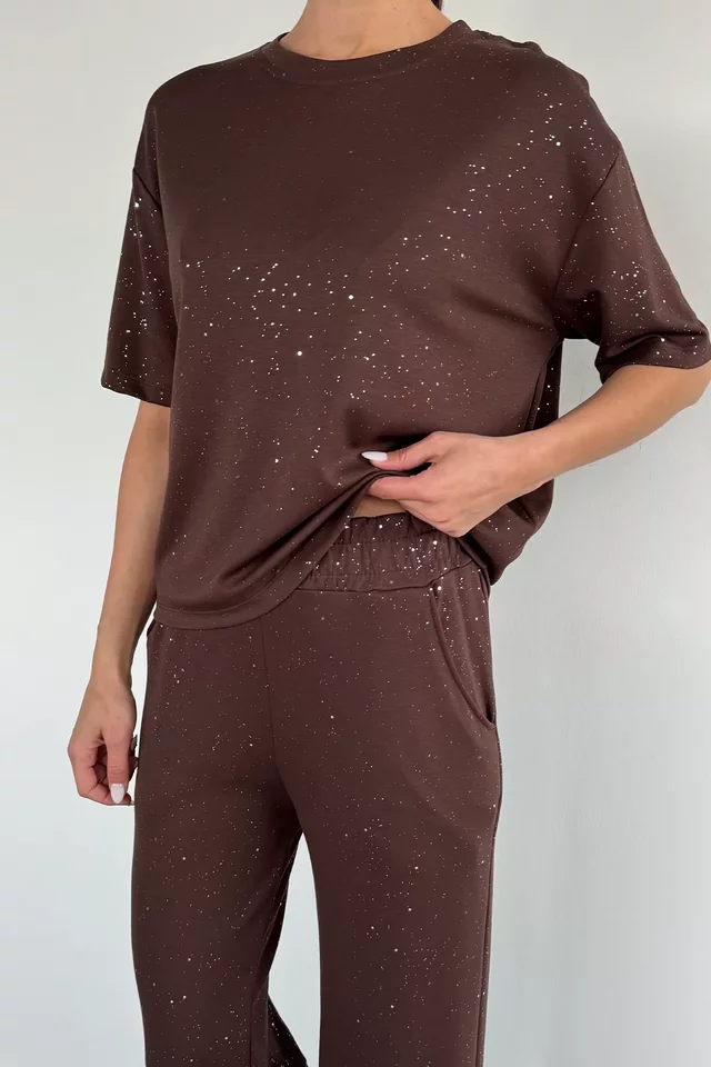 Kadın Bel Lastikli Işıltılı Pantolon Bluz İkili Takım