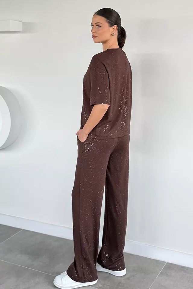 Kadın Bel Lastikli Işıltılı Pantolon Bluz İkili Takım